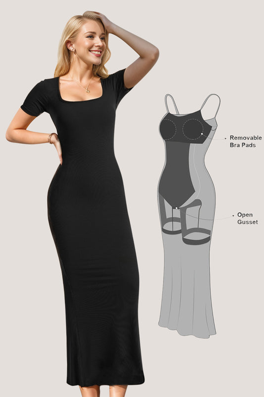 Basic Bae Built-In Shapewear Square Neck Short Sleeve Maxi Dress