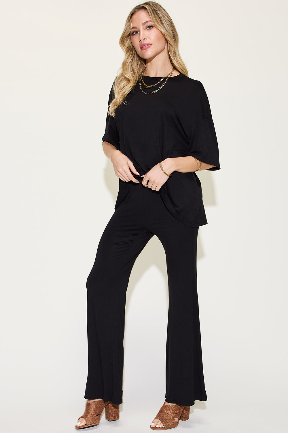 Basic Bae Full Size Bamboo Drop Shoulder T-Shirt and Flare Pants Set ...